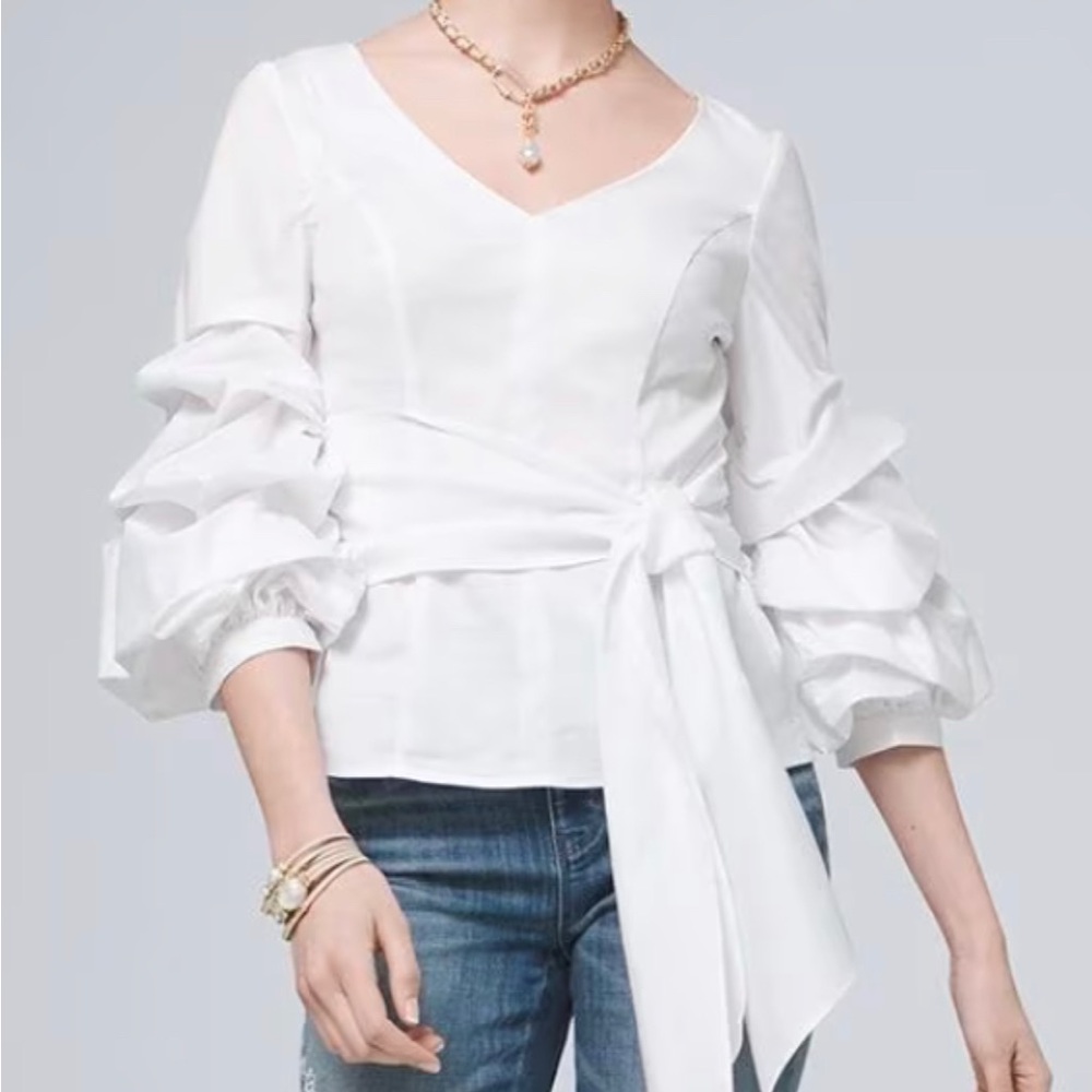 WHBM White House Black Market White Tie Front Puff Sleeve Blouse Size 0